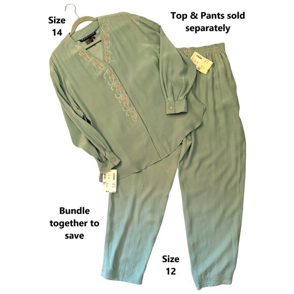 Y2K IB Diffusion Dusty Teal Silk Trousers Size 12 Pleated Soft Flowy Pants NWT - Picture 9 of 12